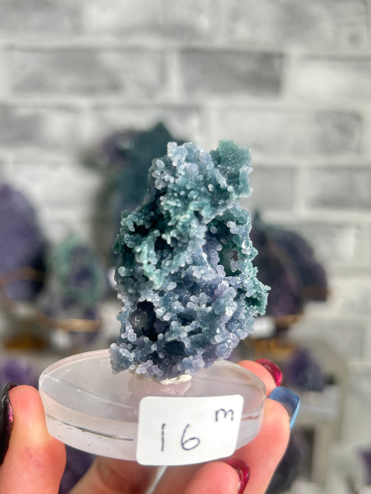 Natural seafoam green grape agate miniature from West Java, Indonesia with sparkling botryoidal chalcedony crystals and subtle lavender highlights.