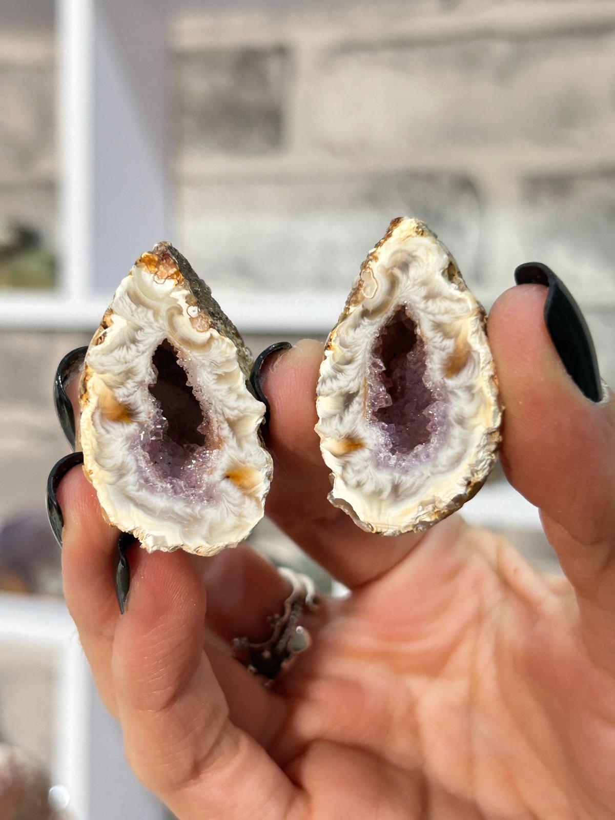 Oco Feather Agate with Amethyst Druzy Pair #10
