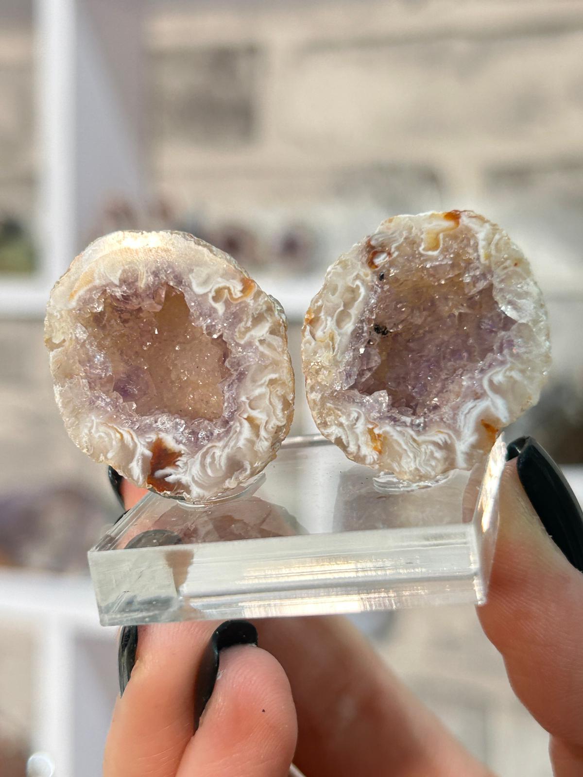 Oco Feather Agate with Amethyst Druzy Pair #1