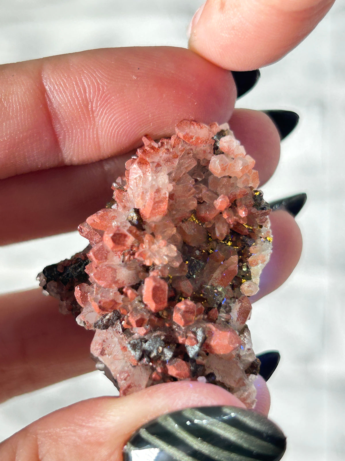 Red Quartz Cluster with Colourful Pyrite and Mamatite - Guizhou, China
