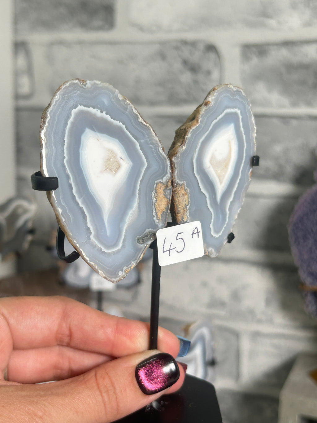 Blue Banded Agate Nodule Pair on Custom Stand A