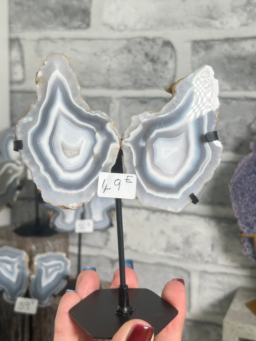 Blue Banded Agate Nodule Pair on Custom Stand E