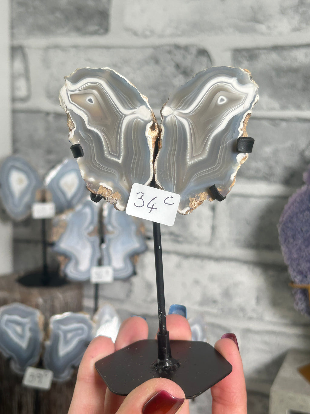 Blue Grey Banded Agate Nodule Pair on Custom Stand C
