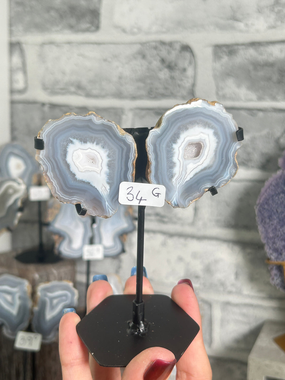 Blue Banded Agate Nodule Pair with Druzy on Custom Stand G
