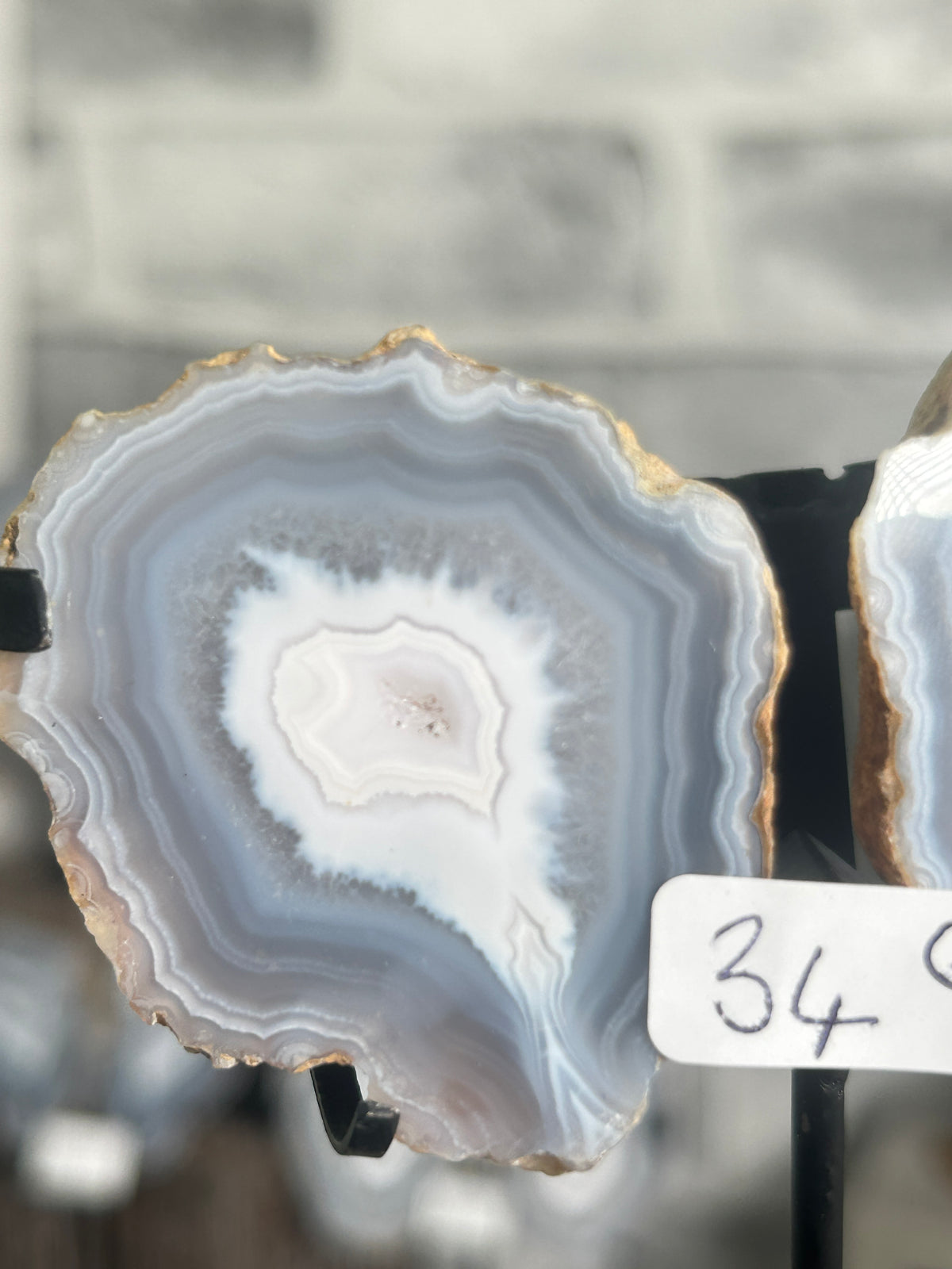 Blue Banded Agate Nodule Pair with Druzy on Custom Stand G