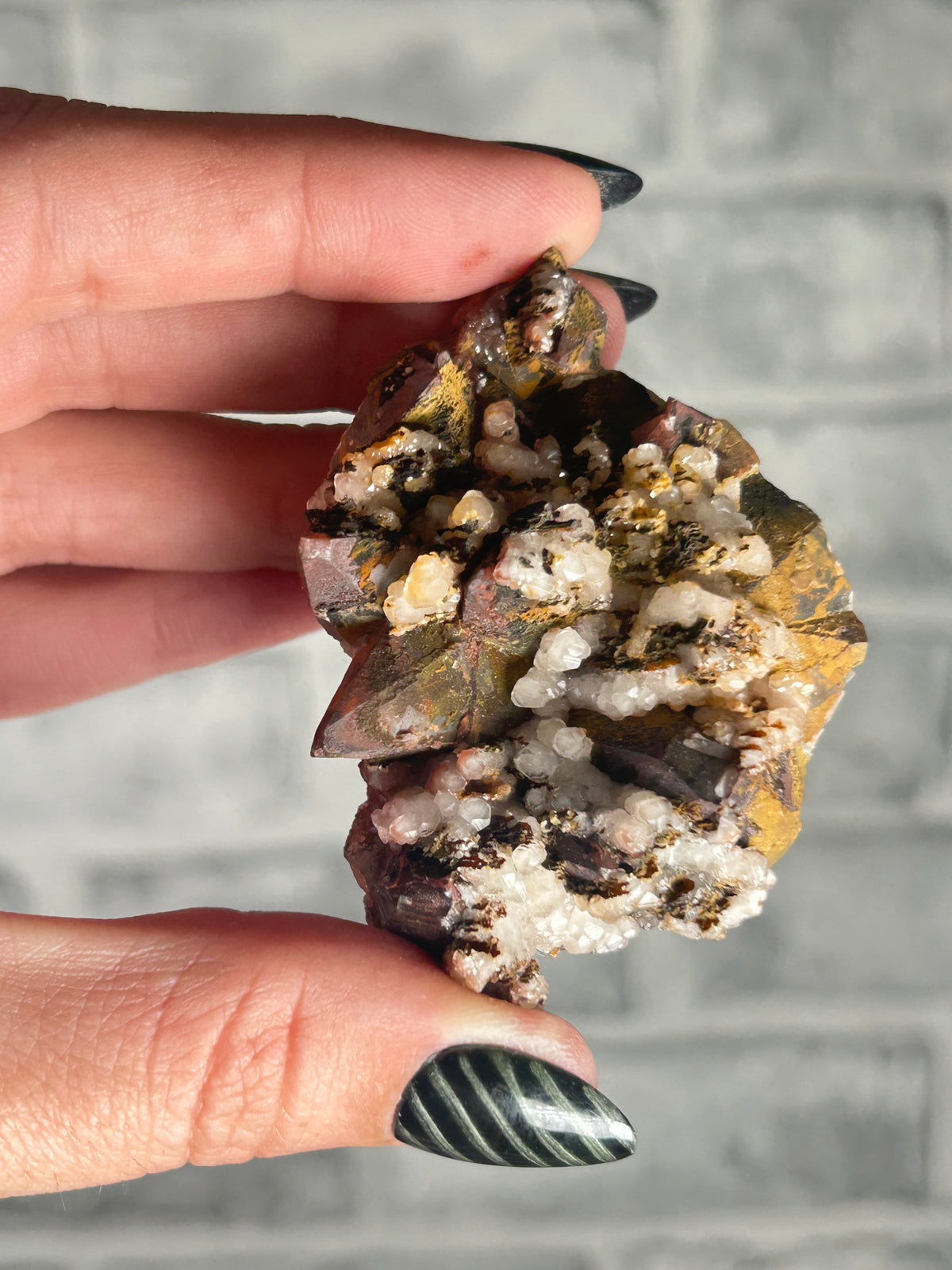 Calcite on Dogtooth Calcite with  Iron Staining and Hematite from Daye, Hubei, China