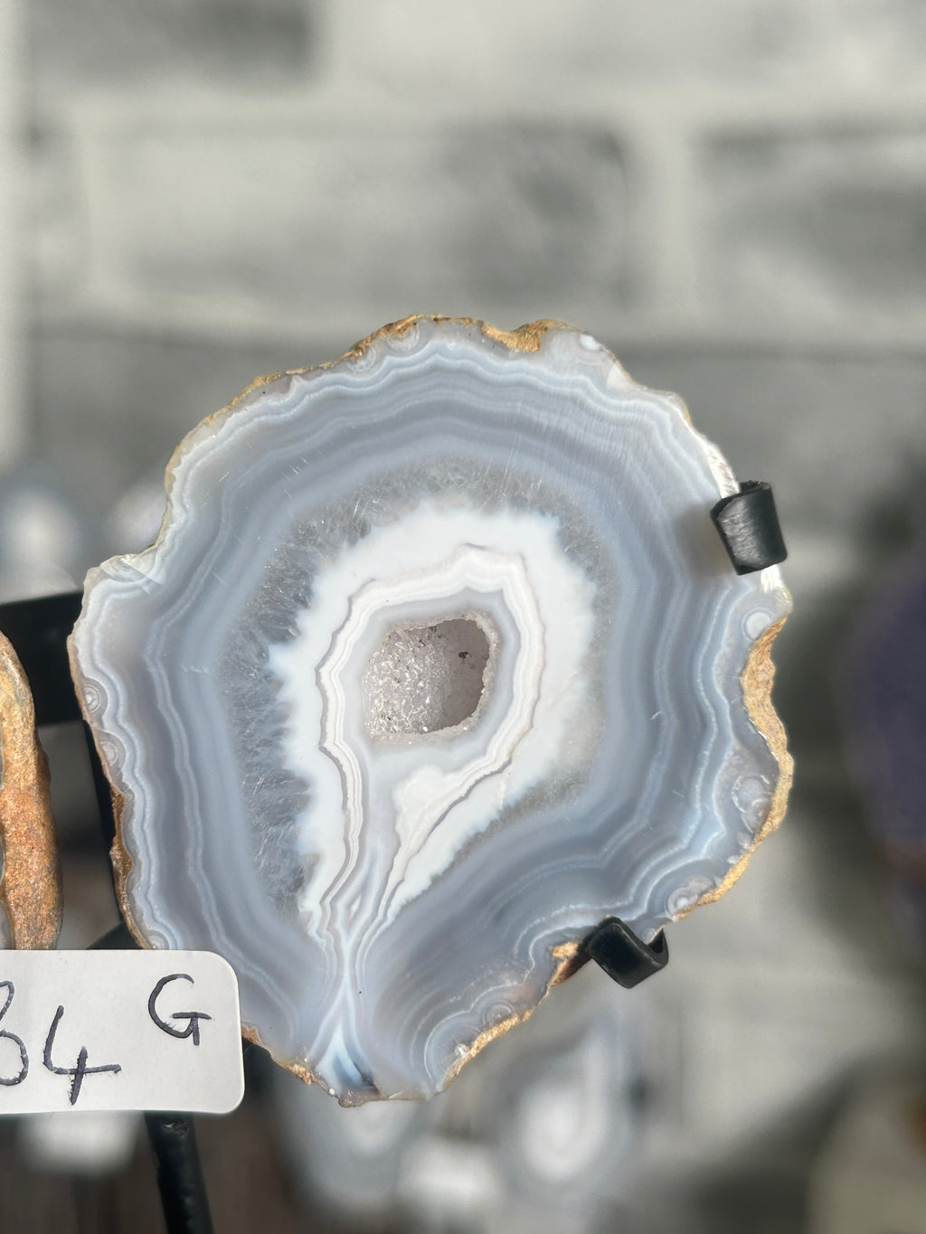 Blue Banded Agate Nodule Pair with Druzy on Custom Stand G