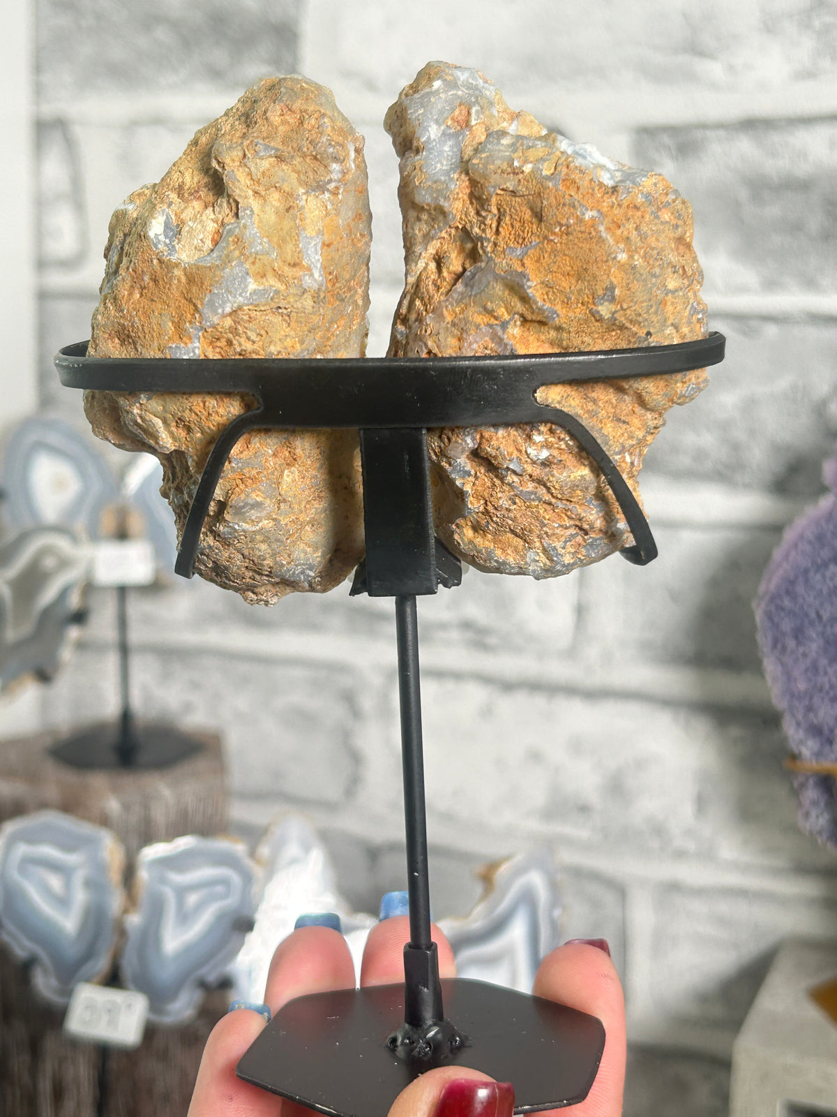 Blue Banded Agate Nodule Pair on Custom Stand B