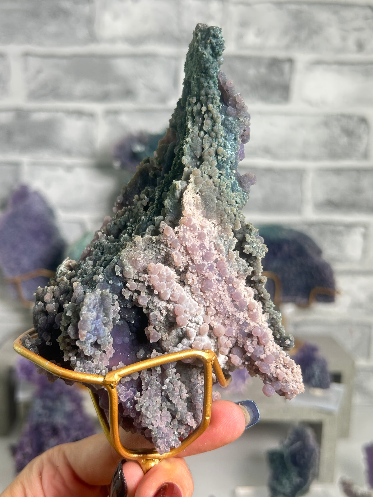 Natural multicoloured grape agate cluster from West Java, Indonesia featuring lavender, violet, pink and seafoam-green botryoidal chalcedony crystals.