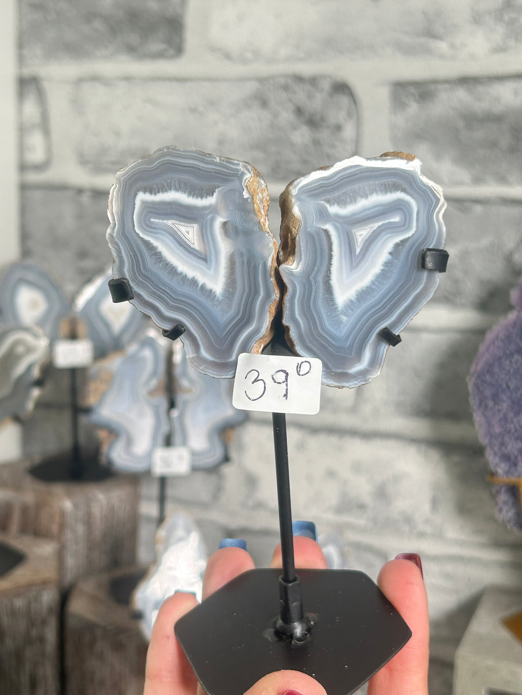 Blue Banded Agate Nodule Pair on Custom Stand D