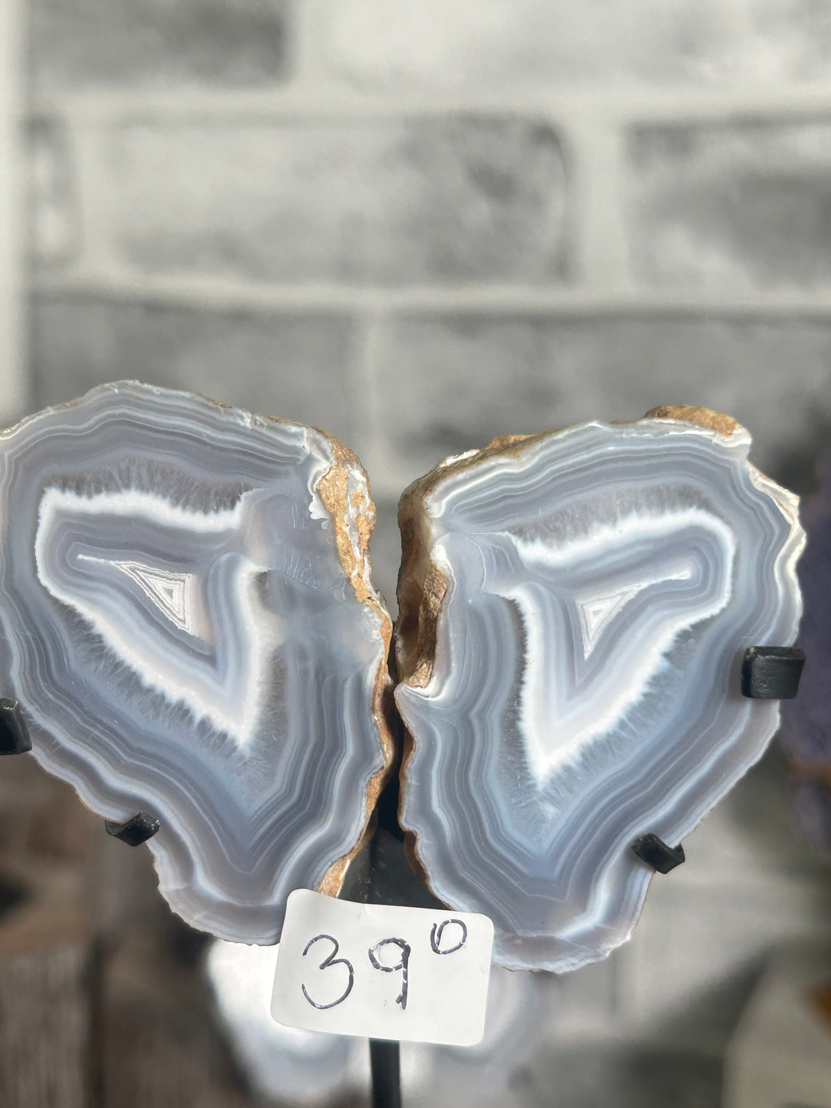 Blue banded agate nodule pair D from Indonesia on custom black stand with mirrored blue-grey and white chalcedony bands and triangular centres.