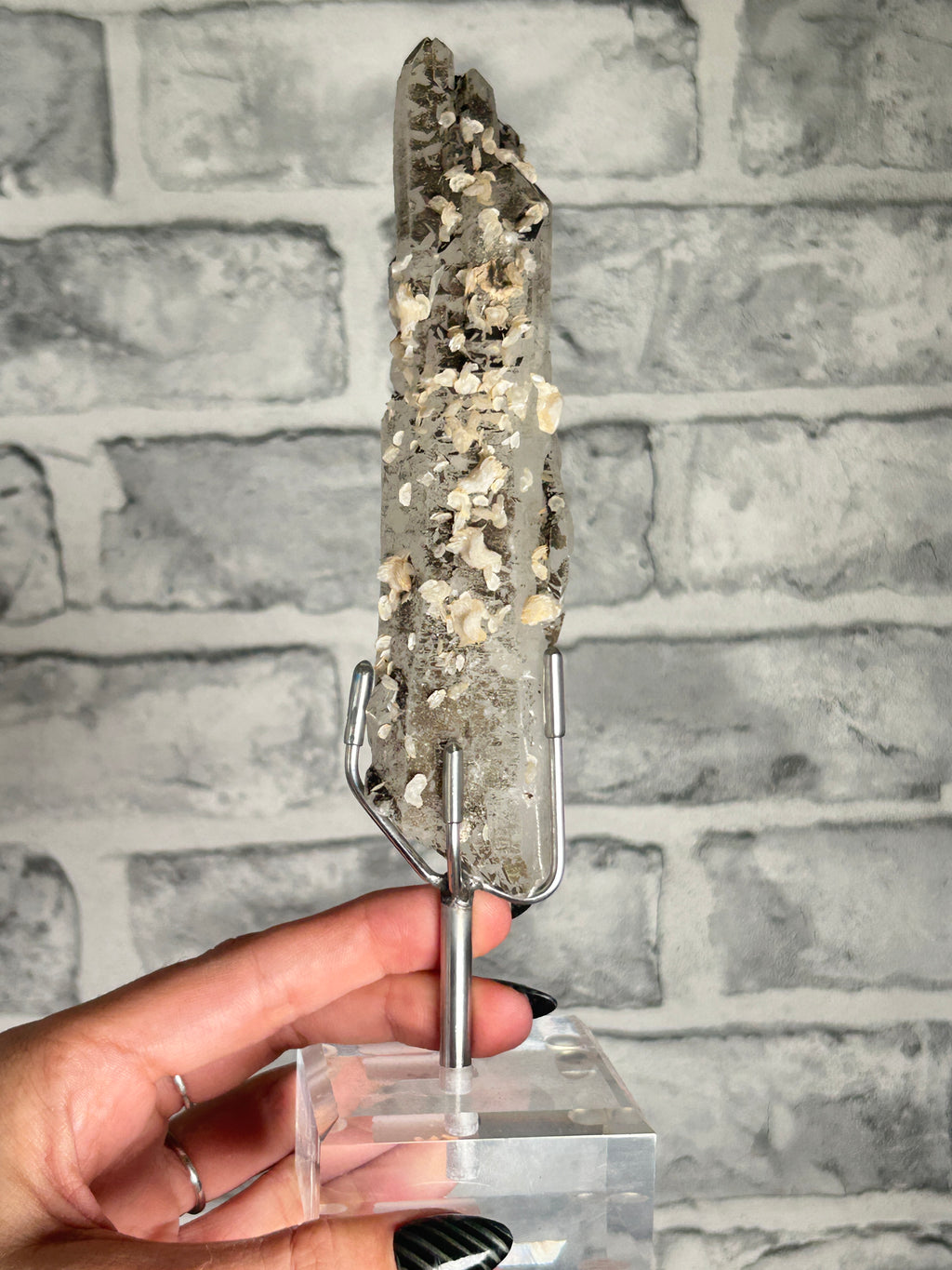 Candle Quartz with Calcite on custom stand, Huanggang Fe-Sn Deposit, Inner Mongolia