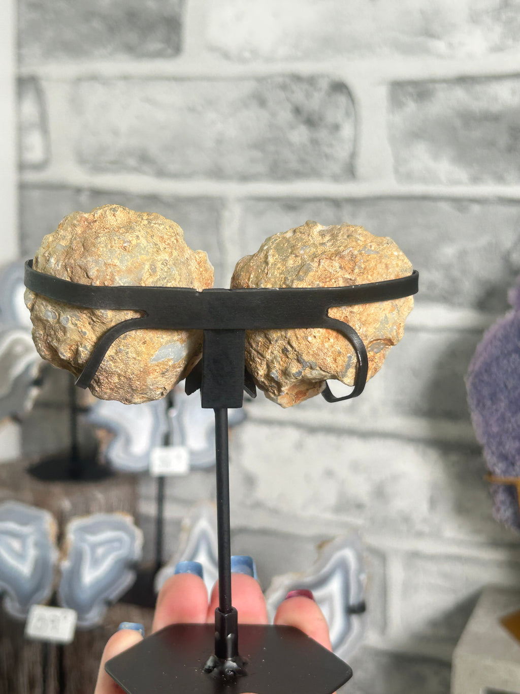 Blue Banded Agate Nodule Pair with Druzy on Custom Stand G