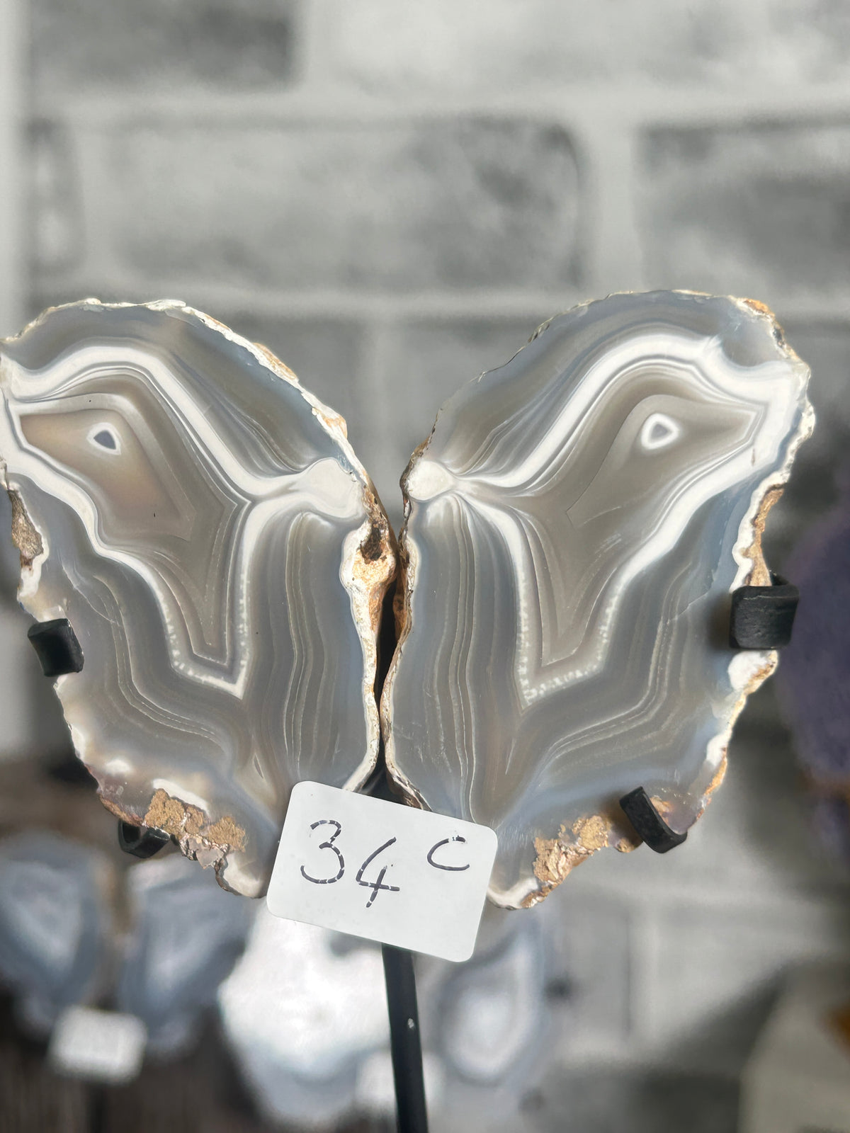 Blue-grey banded agate nodule pair C from Indonesia on custom black stand with mirrored smoky grey, taupe and white chalcedony bands.