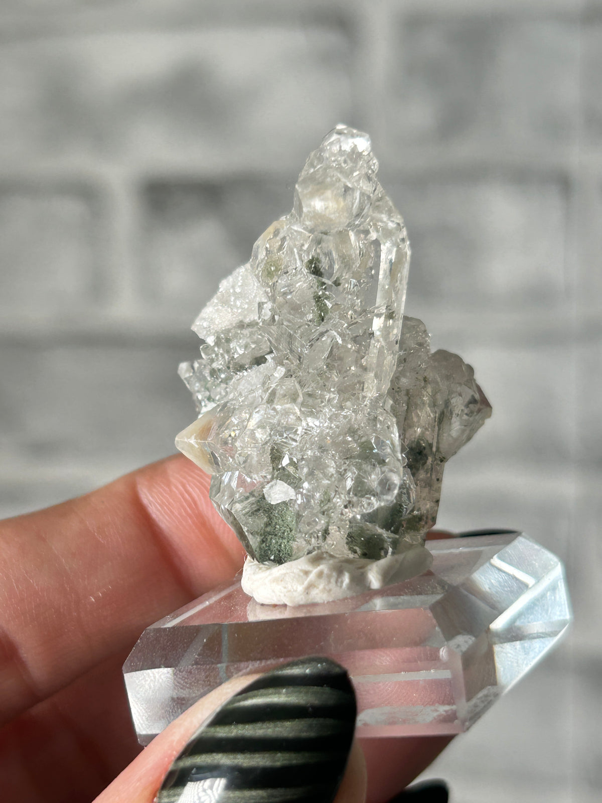 Apophyllite on clear Quartz with Chlorite - Huanggangliang, Inner Mongolia
