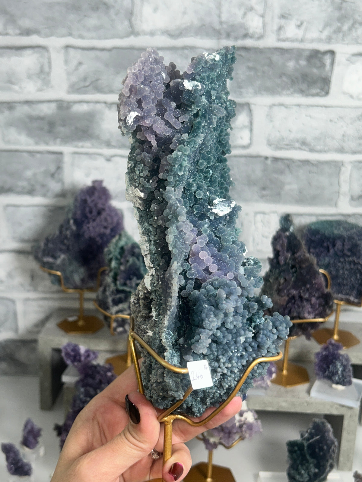Large Indonesian Grape Agate specimen displaying seafoam blue and lavender botryoidal chalcedony with sparkling druzy quartz on natural matrix.