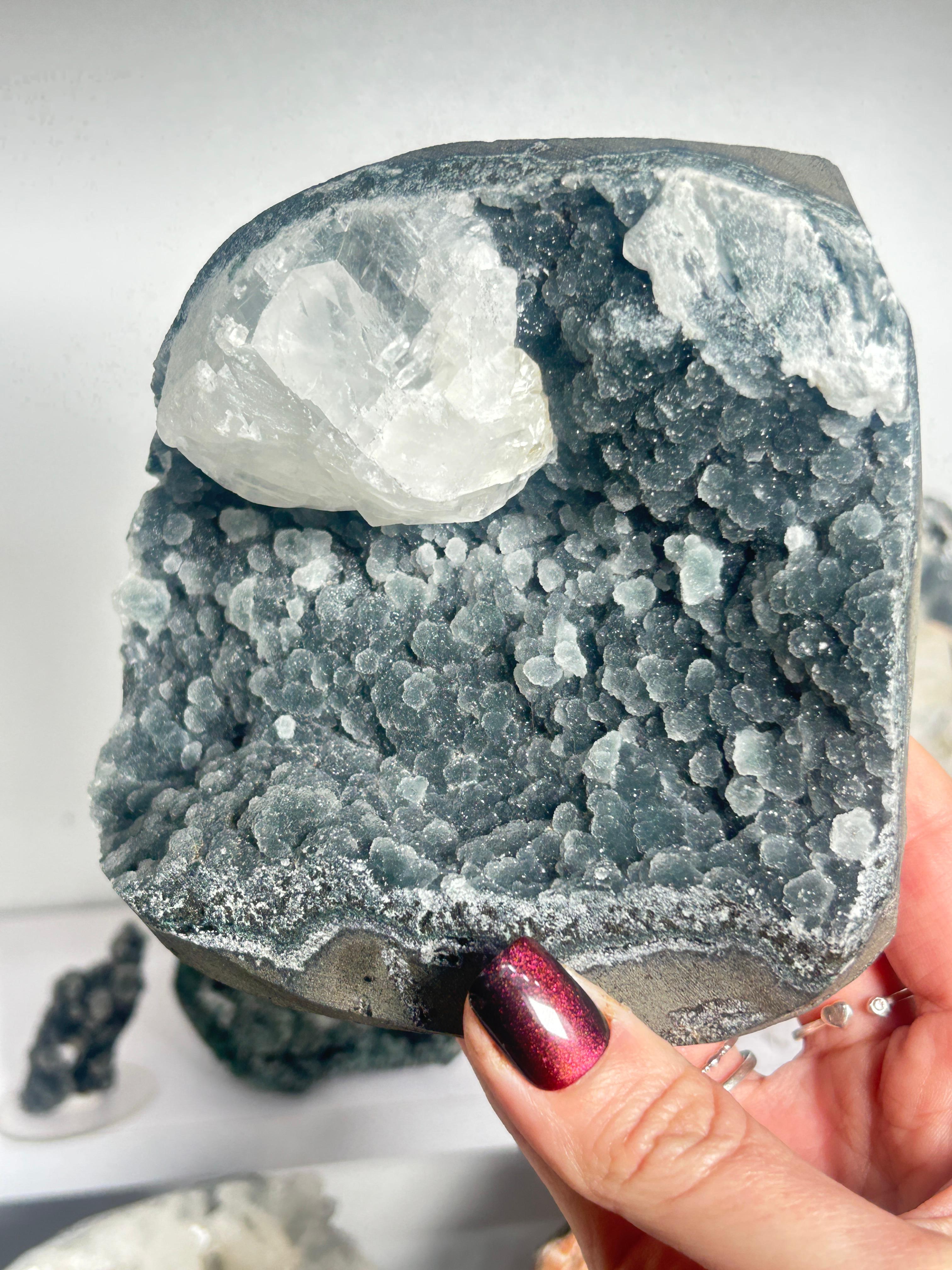 Black Chalcedony Cut Base with Calcite