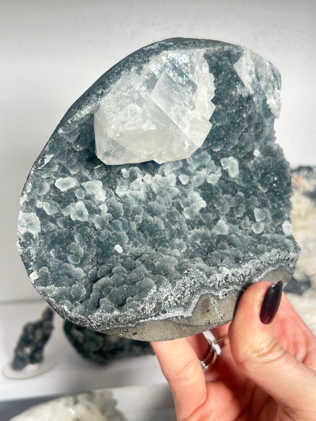 Black Chalcedony Cut Base with Calcite