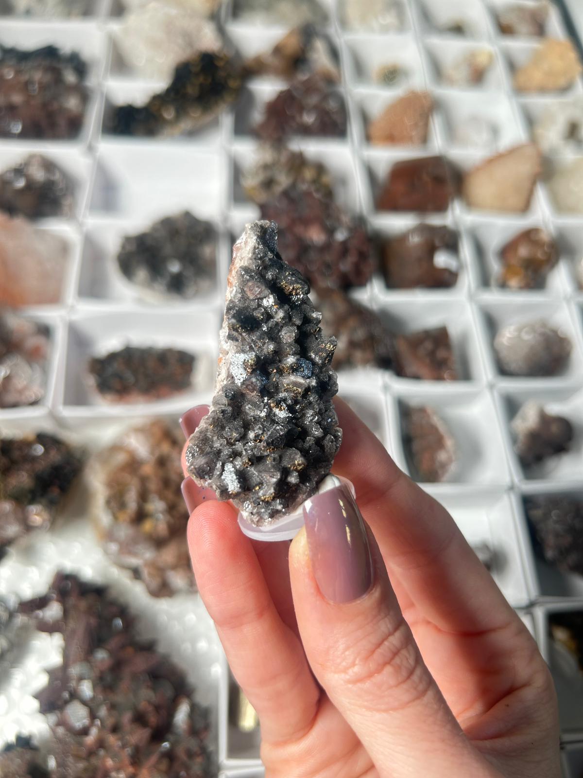 Black Dogtooth Calcite with Pyrite & Hematite #1