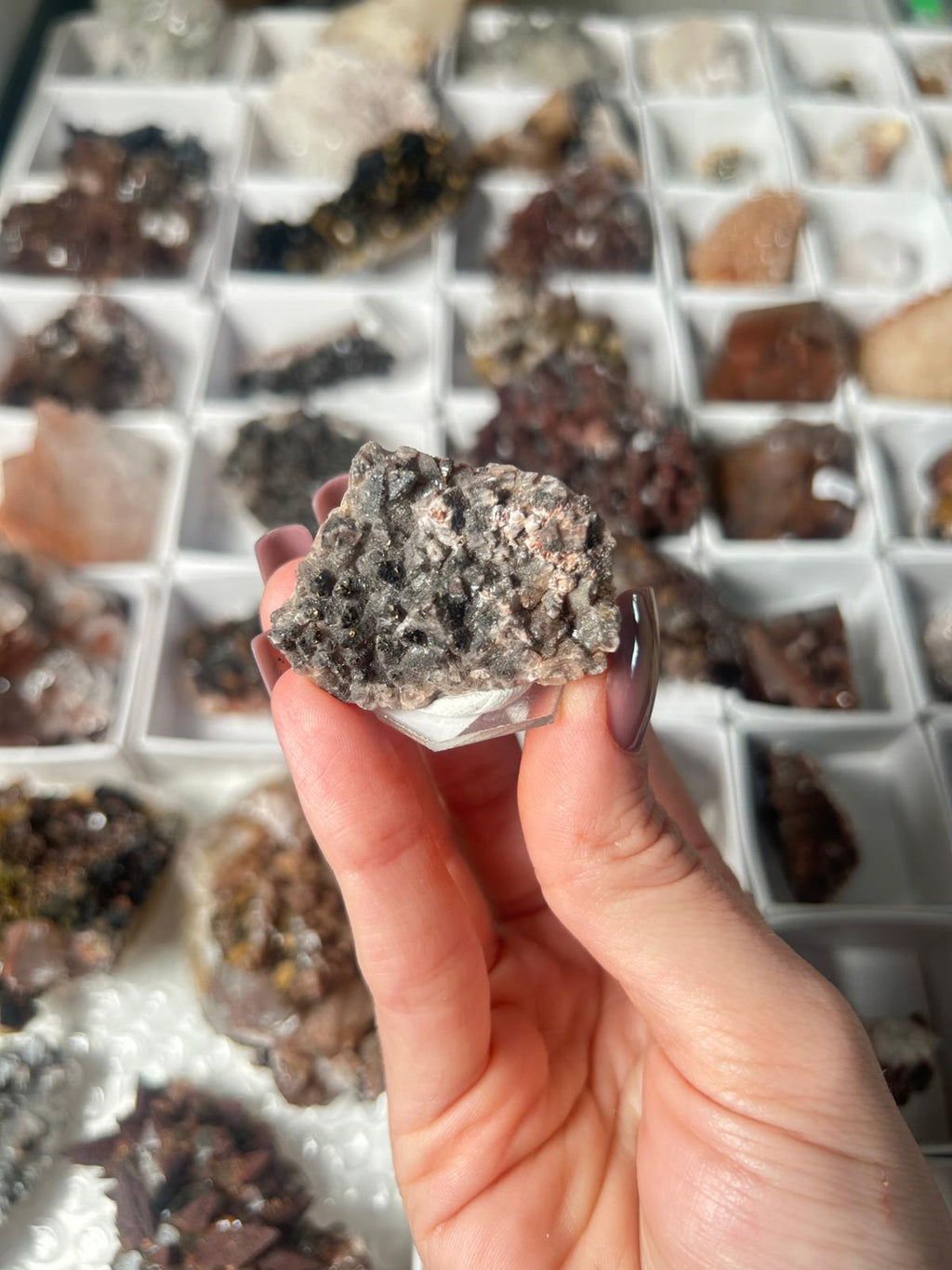 Dogtooth Calcite with Hematite and Speckled Pyrite