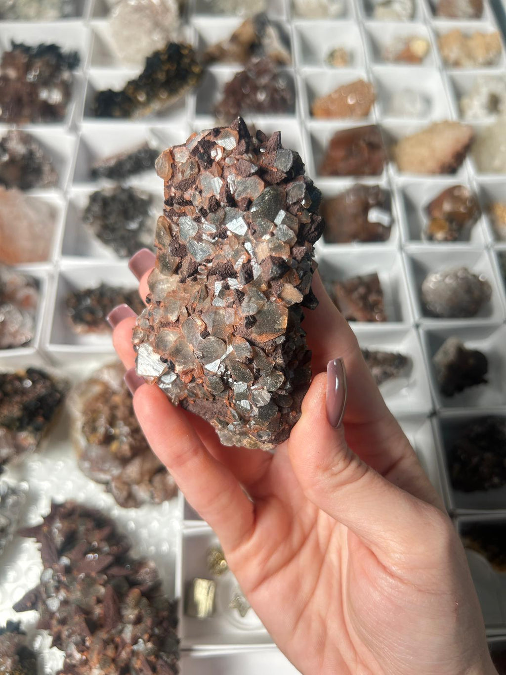 Benz Calcite on Dogtooth Calcite with Hematite & Pyrite #2