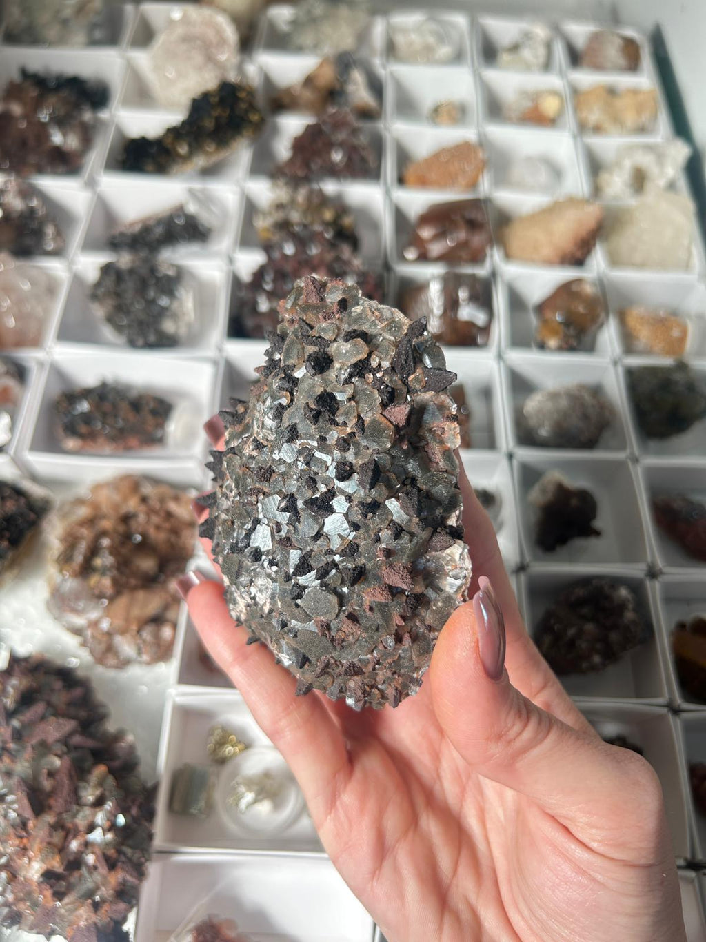 Benz Calcite on Dogtooth Calcite with Hematite & Pyrite