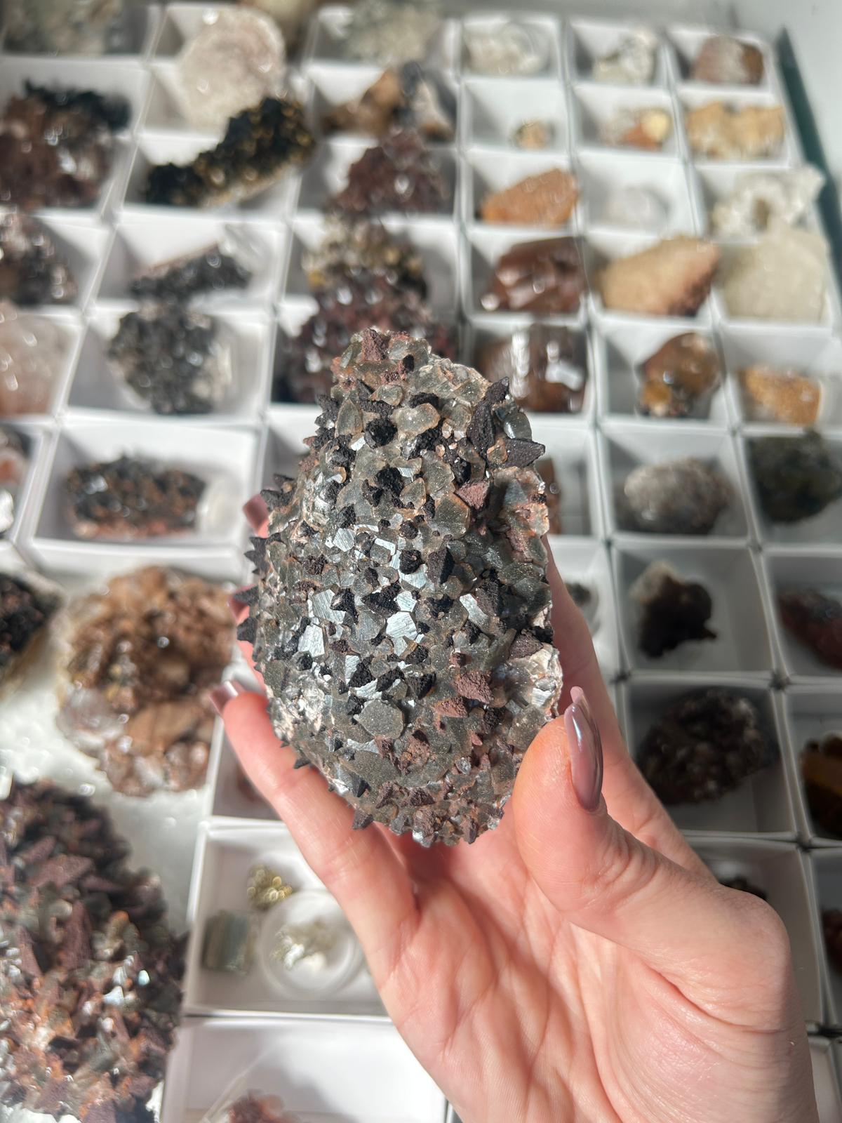 Benz Calcite on Dogtooth Calcite with Hematite & Pyrite