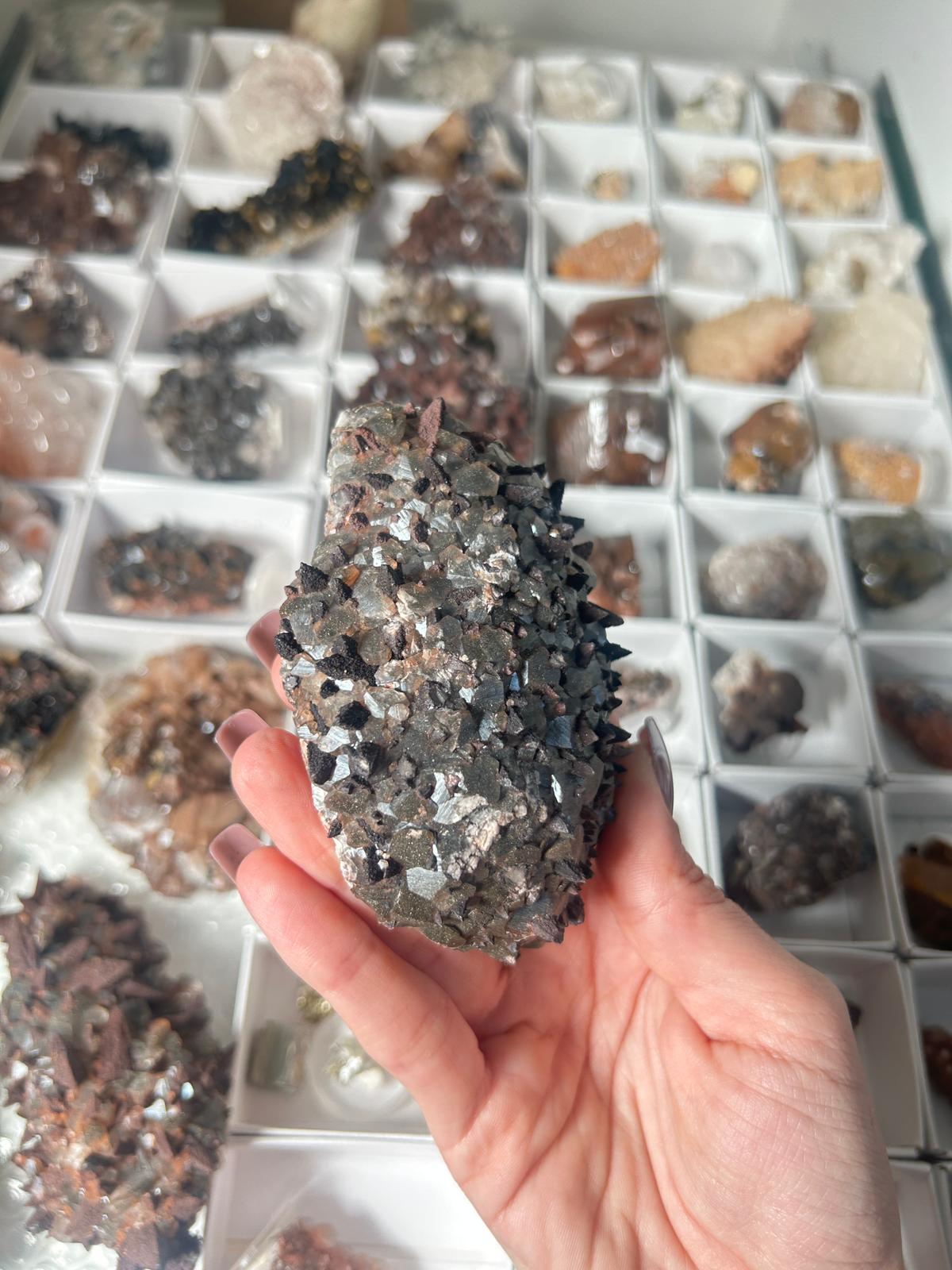 Benz Calcite on Dogtooth Calcite with Hematite & Pyrite