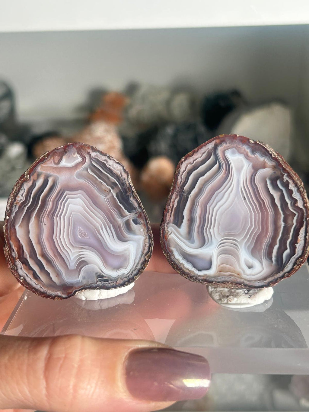 Large Zhangzhou Banded Agate Pair with Small Druzy Quartz Centre