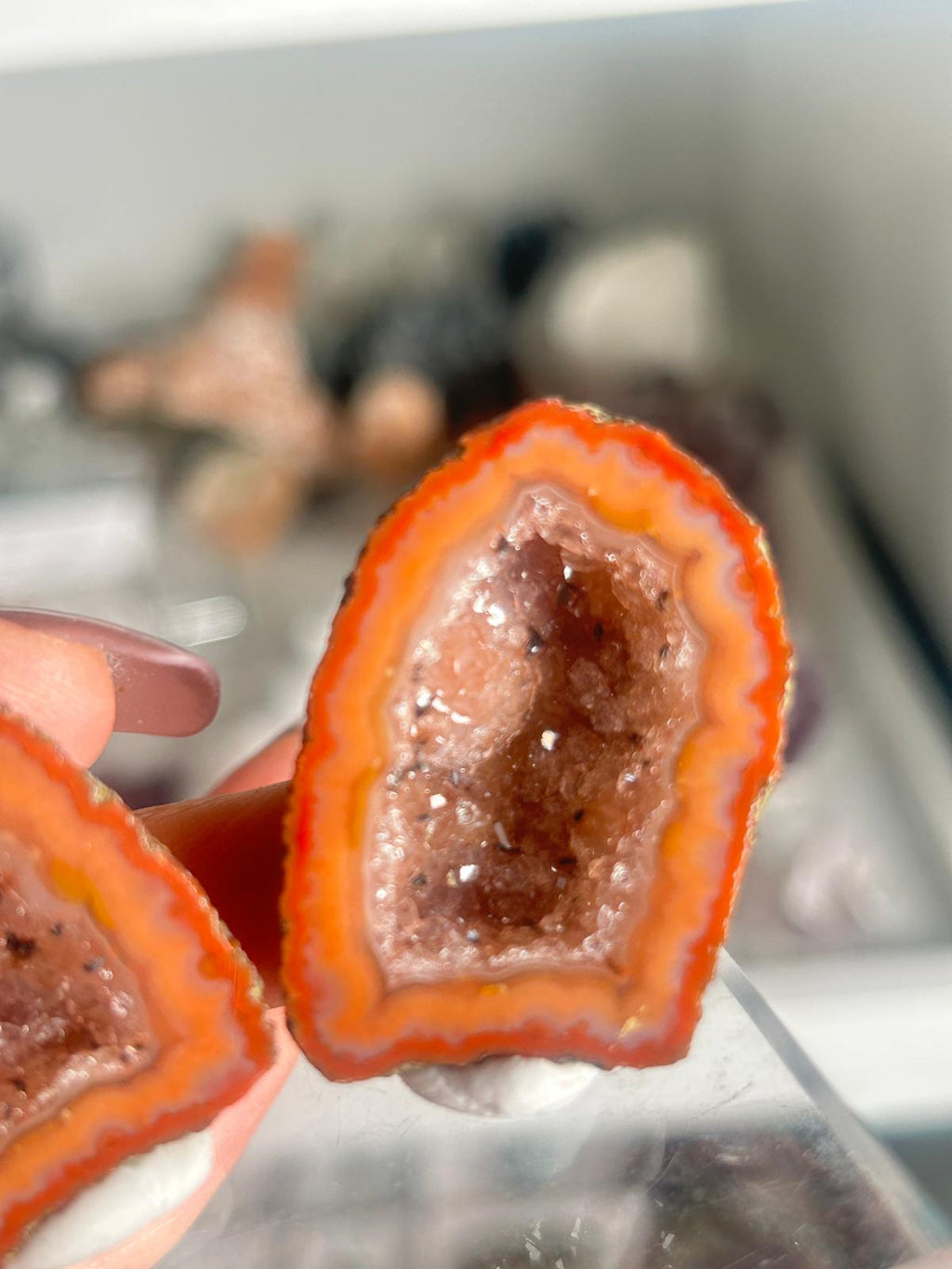 Zhangzhou Agate Pair with Vibrant Orange Banding & Druzy Quartz