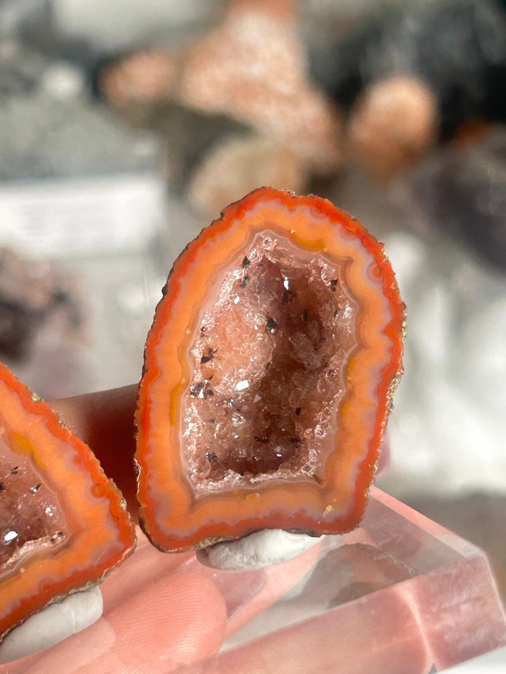 Zhangzhou Agate Pair with Vibrant Orange Banding & Druzy Quartz