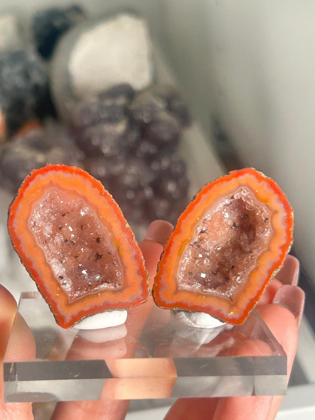 Zhangzhou Agate Pair with Vibrant Orange Banding & Druzy Quartz