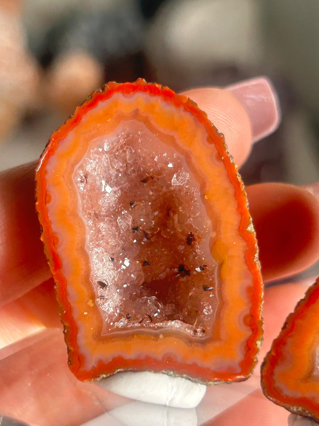 Zhangzhou Agate Pair with Vibrant Orange Banding & Druzy Quartz