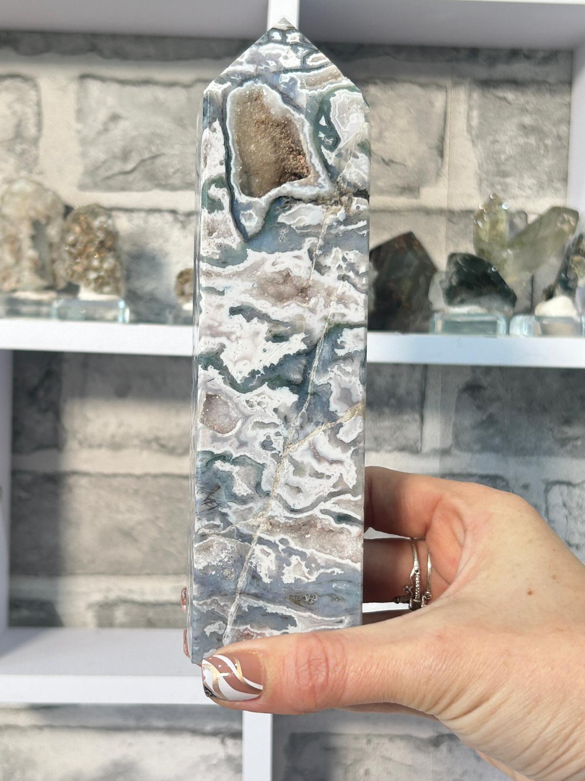 Druzy Moss Agate Tower