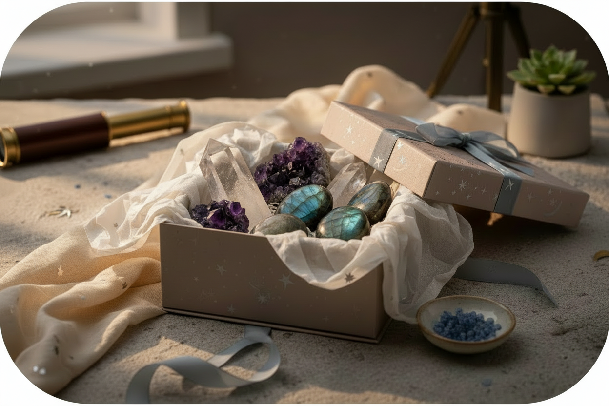A refined, realistic crystal mystery box scene, softly lit and elegant. A neutral-toned gift box partially opened on linen or stone surface, containing a curated selection of natural crystals (clear quartz, amethyst, subtle labradorite flashes). 
Tissue paper wrapping, gentle moonlight glow, muted blue accents.
Minimal celestial elements very subtle stars or lunar motifs, understated. 
Calm, premium, mystical-but-grown-up atmosphere. Editorial product photography style, soft shadows, shallow depth. 