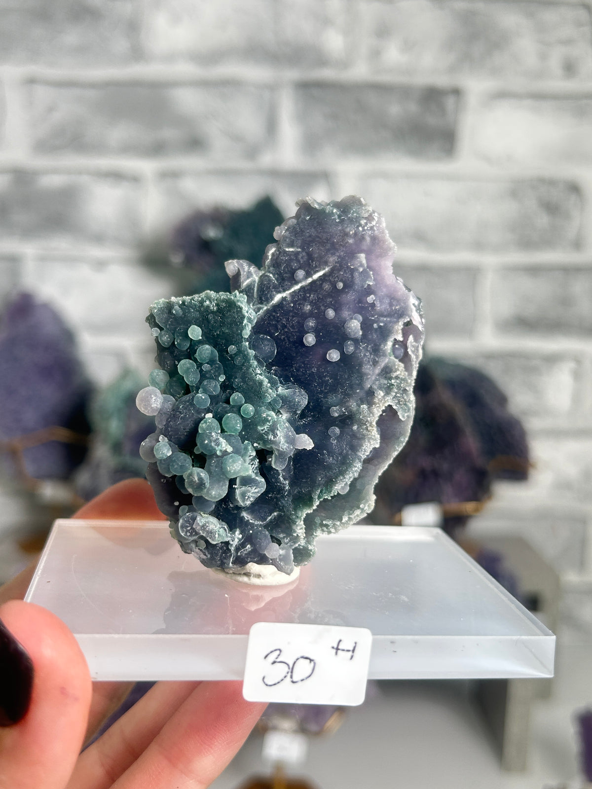 Natural purple and green grape agate miniature from West Java, Indonesia with sparkling botryoidal chalcedony crystals on natural matrix.